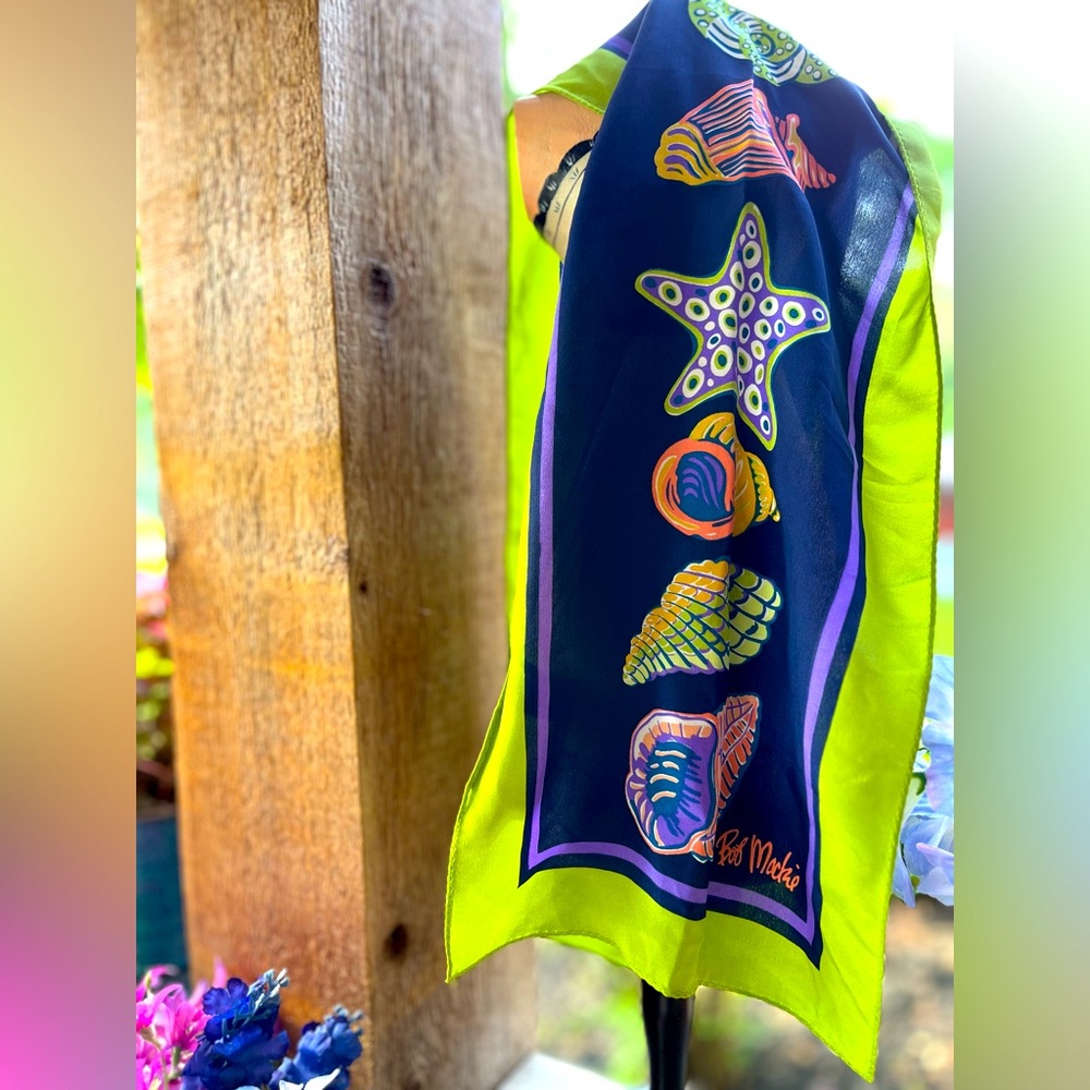 Vintage Bob Mackie Wearable Art Silk Navy Seashell Print Oblong Scarf